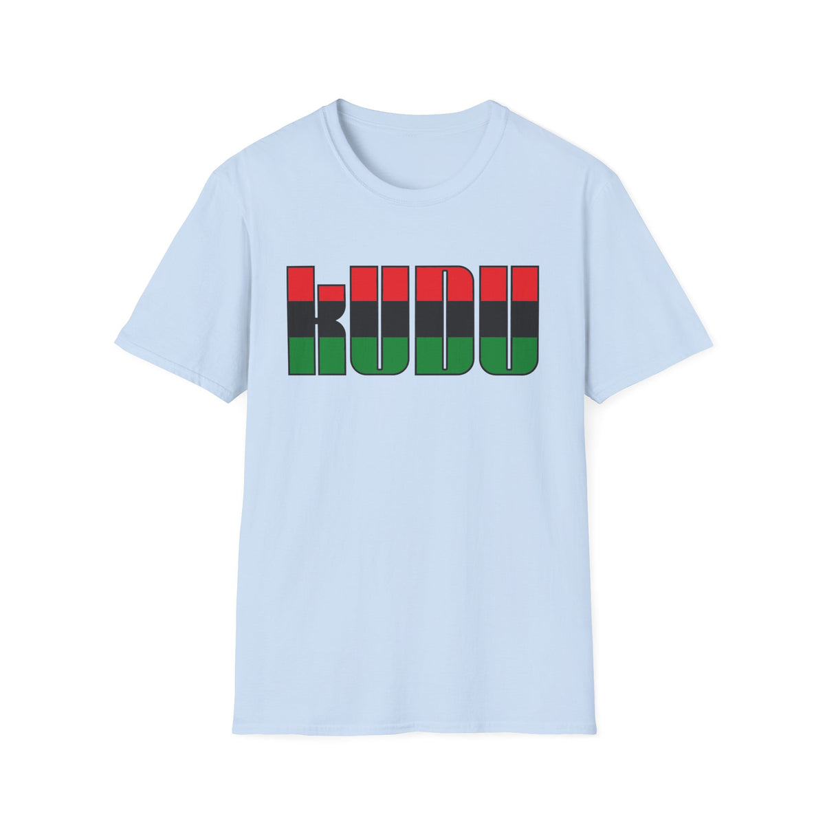 Light blue t-shirt with "KU DU" text in red, black, and green stripes.