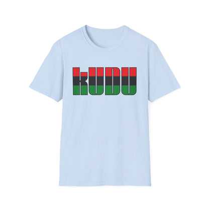 Light blue t-shirt with "KU DU" text in red, black, and green stripes.