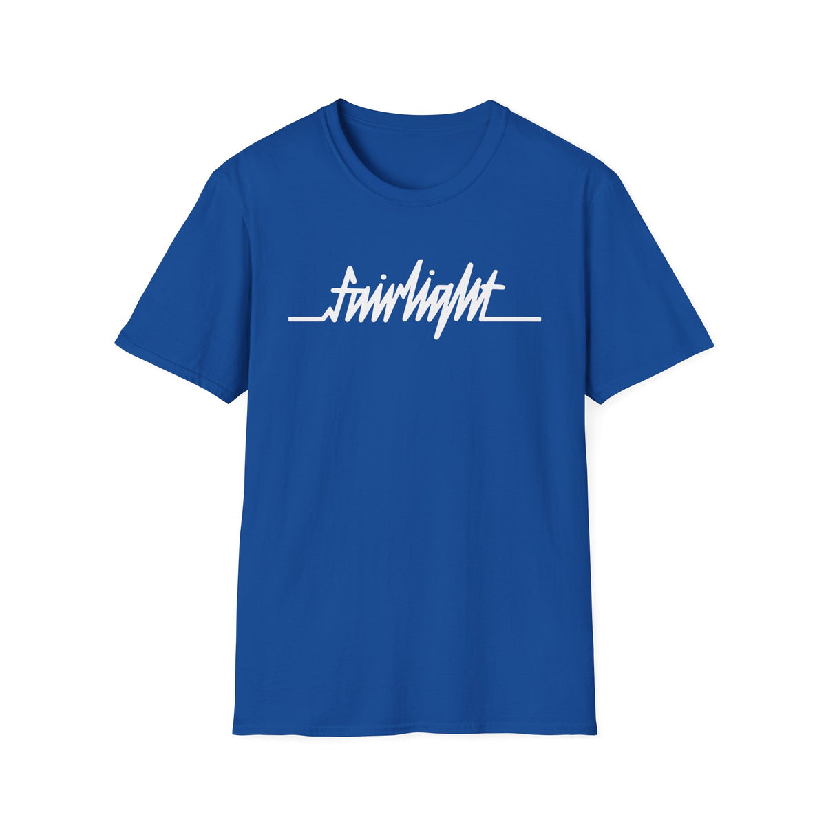 Blue t-shirt with white "Fairlight" text and a horizontal line graphic.