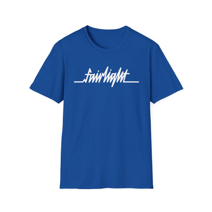 Blue t-shirt with white "Fairlight" text and a horizontal line graphic.