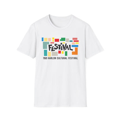 White t-shirt with colorful blocks and "FESTIVAL 1969 Harlem Cultural Festival" text.