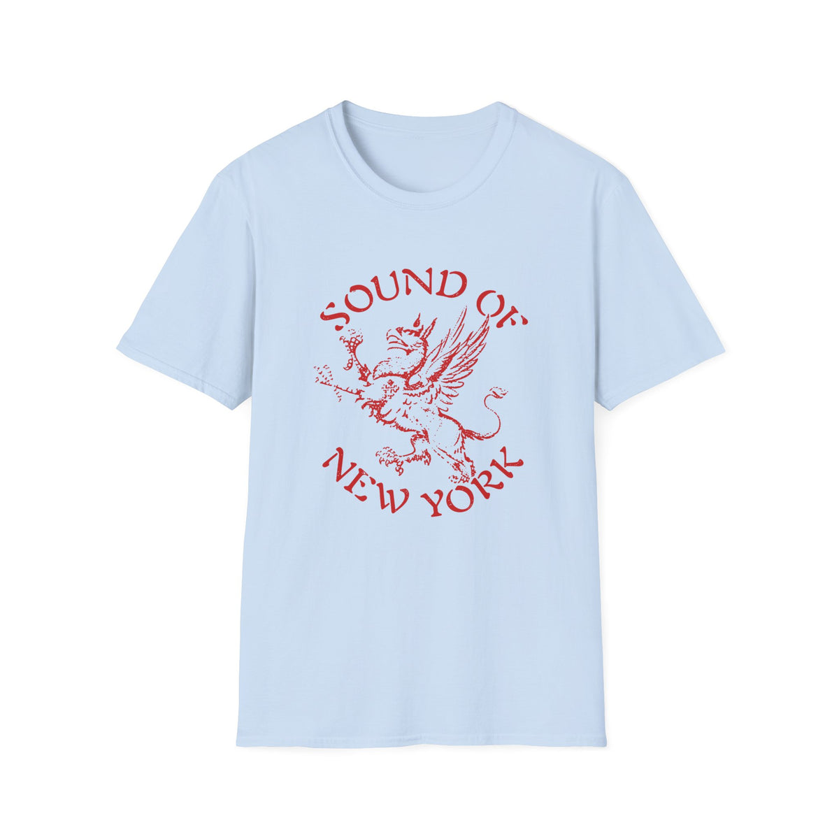 Light blue t-shirt with red text "SOUND OF NEW YORK" and a griffin graphic.