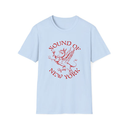 Light blue t-shirt with red text "SOUND OF NEW YORK" and a griffin graphic.