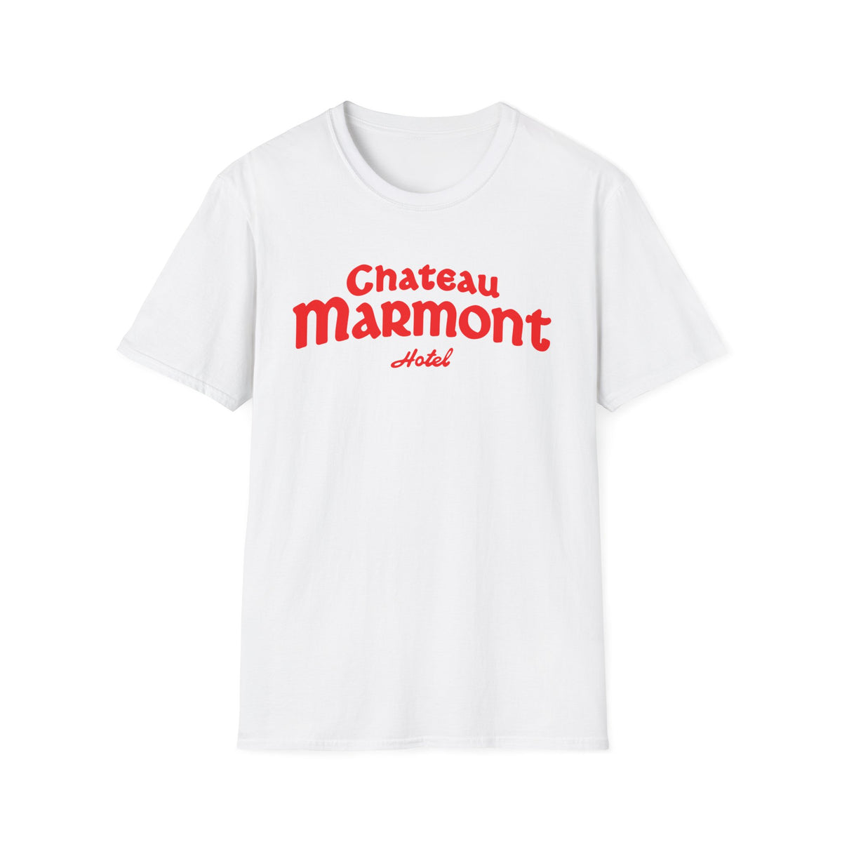 White t-shirt with red Chateau Marmont Hotel logo.