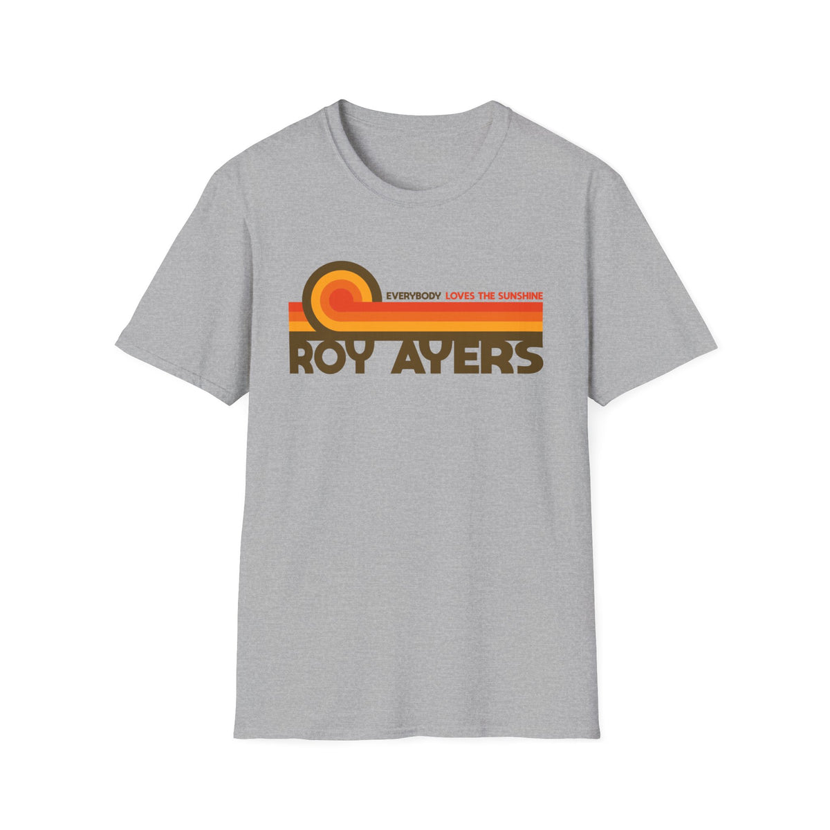 Gray t-shirt with "Everybody Loves The Sunshine Roy Ayers" graphic.