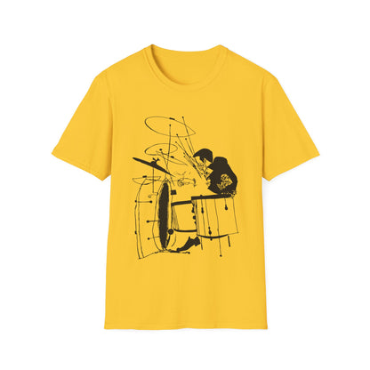 Yellow t-shirt with a black line drawing of a drummer playing drums.