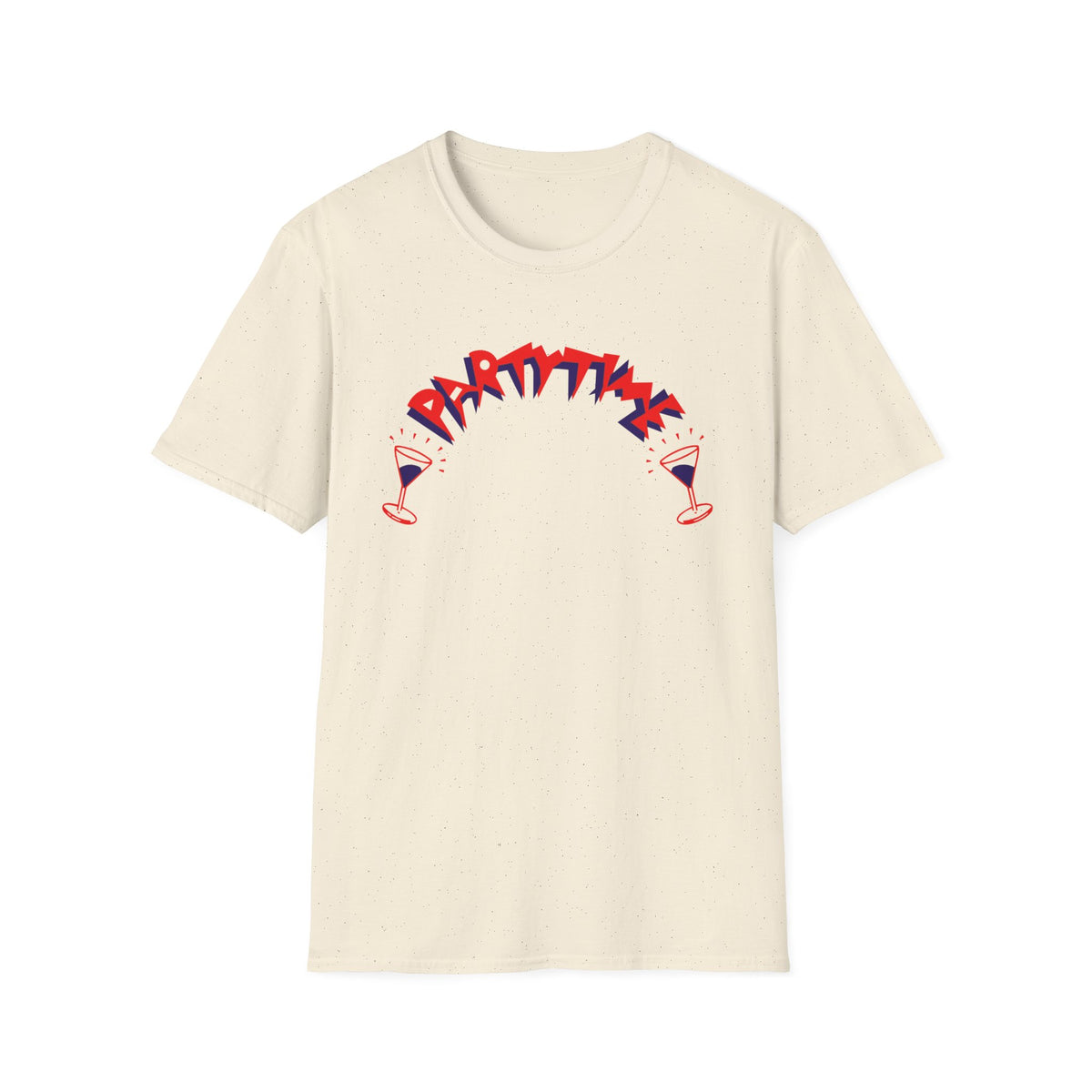 Cream t-shirt with "PARTYTIME" text and two martini glasses graphic.