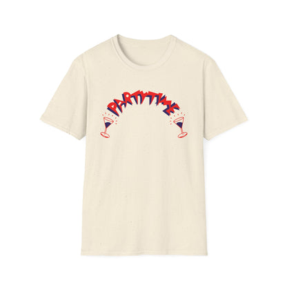 Cream t-shirt with "PARTYTIME" text and two martini glasses graphic.