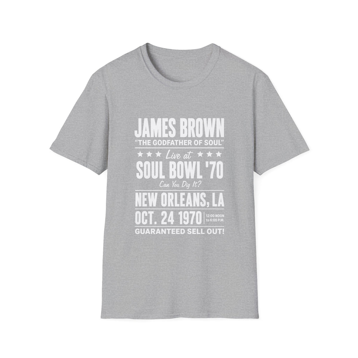 Grey t-shirt with James Brown Soul Bowl '70 concert details in white text.