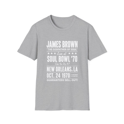 Grey t-shirt with James Brown Soul Bowl '70 concert details in white text.