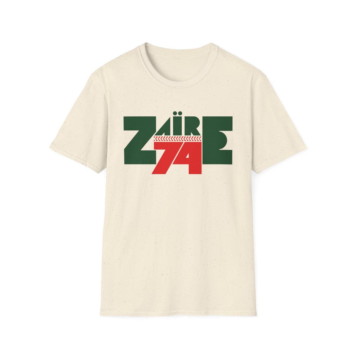 Cream t-shirt with "Zaire 74" graphic in green and red.