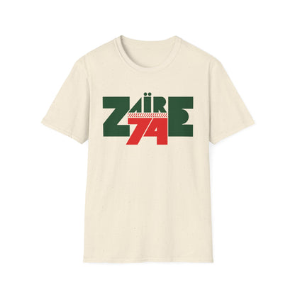 Cream t-shirt with "Zaire 74" graphic in green and red.