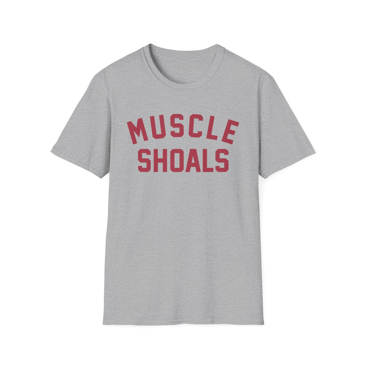 Gray t-shirt with red text reading "MUSCLE SHOALS"