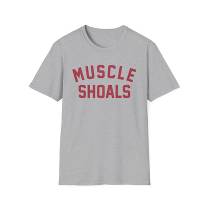 Gray t-shirt with red text reading "MUSCLE SHOALS"