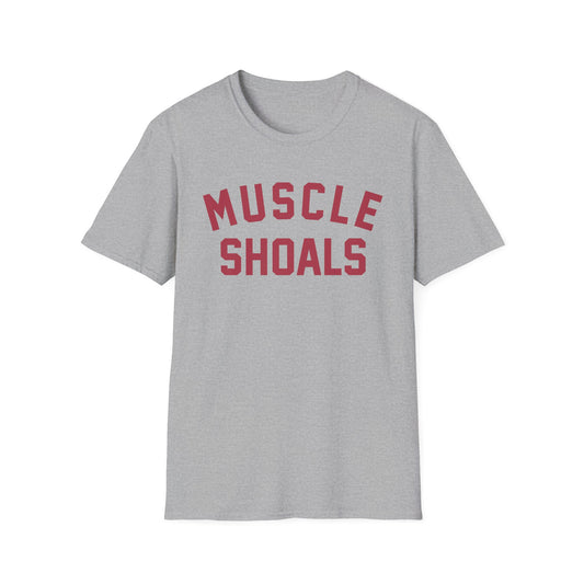 Gray t-shirt with red text reading "MUSCLE SHOALS"
