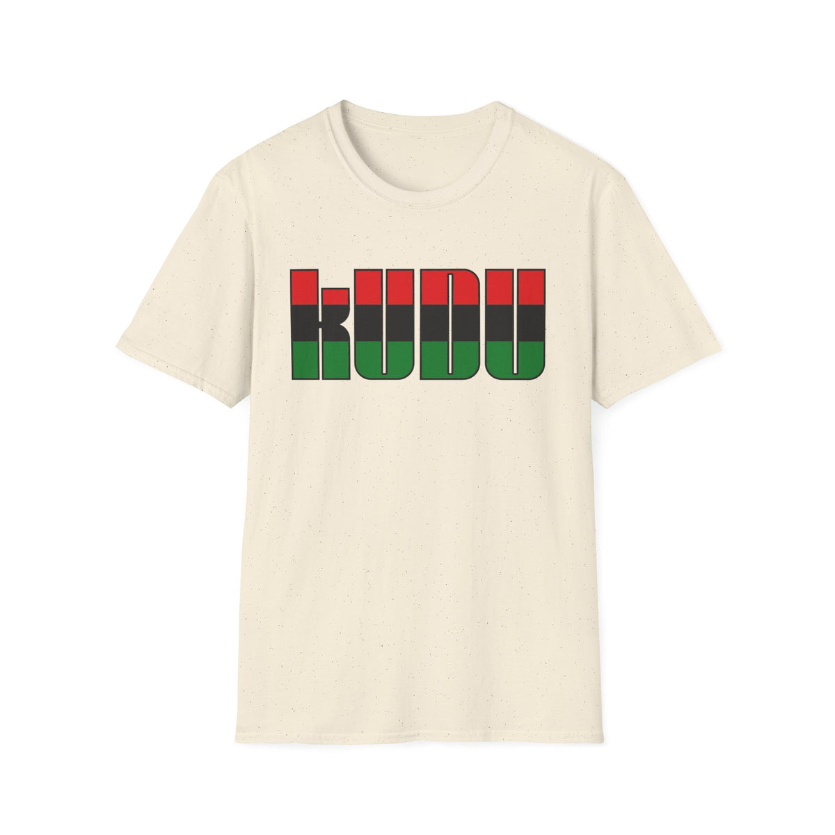 Cream t-shirt with "KUDU" text in red, black, and green stripes.