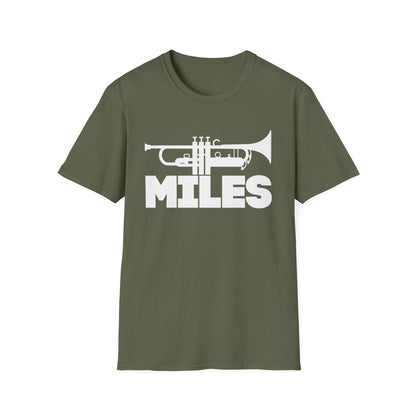 Olive t-shirt with white trumpet graphic and "MILES" text.