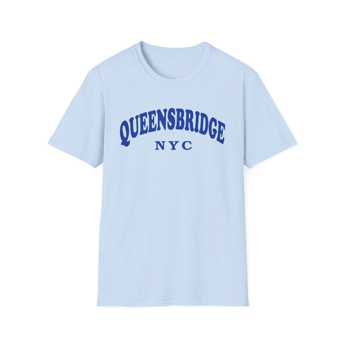 Light blue t-shirt with "QUEENSBRIDGE NYC" printed in blue arched text.