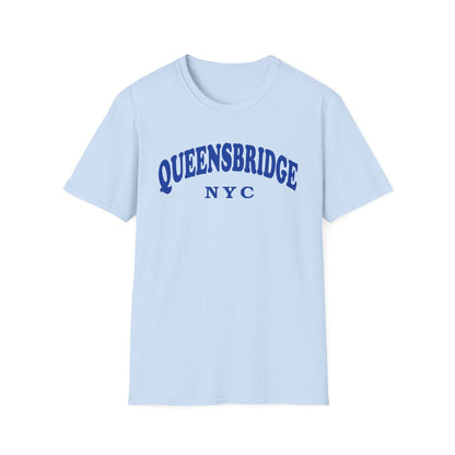 Light blue t-shirt with "QUEENSBRIDGE NYC" printed in blue arched text.