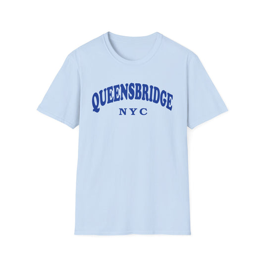 Light blue t-shirt with "QUEENSBRIDGE NYC" printed in blue arched text.