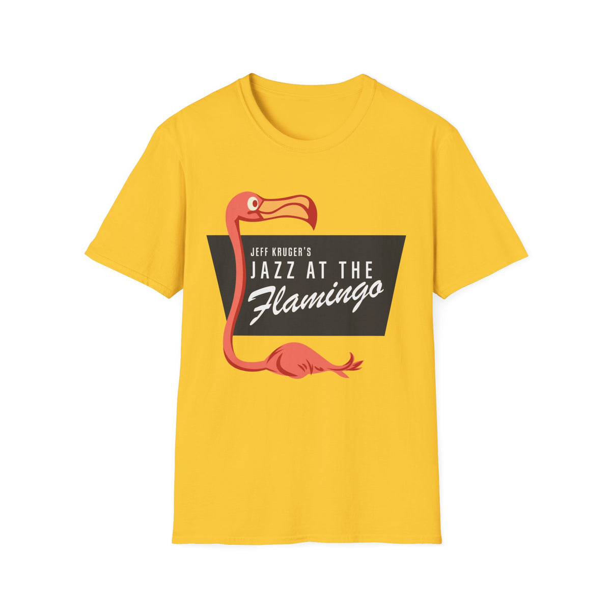 Yellow t-shirt with "Jeff Kruger's Jazz at the Flamingo" text and flamingo graphic.
