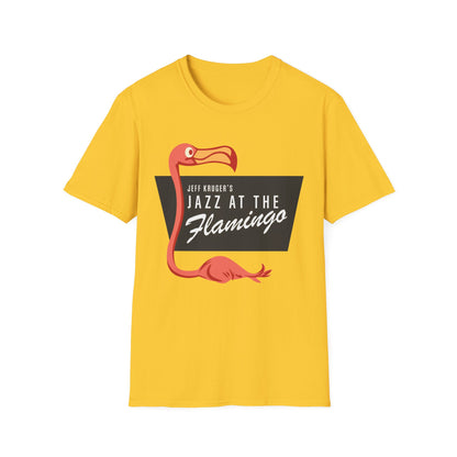 Yellow t-shirt with "Jeff Kruger's Jazz at the Flamingo" text and flamingo graphic.