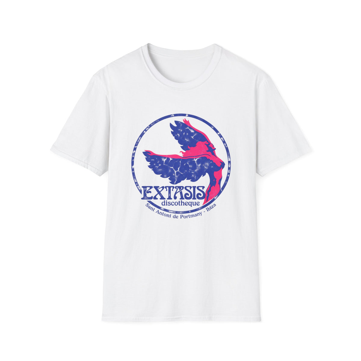 White t-shirt with Extasis discotheque logo featuring winged figure and text.