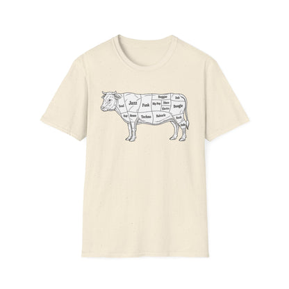 Line drawing of a cow labeled with various music genres.