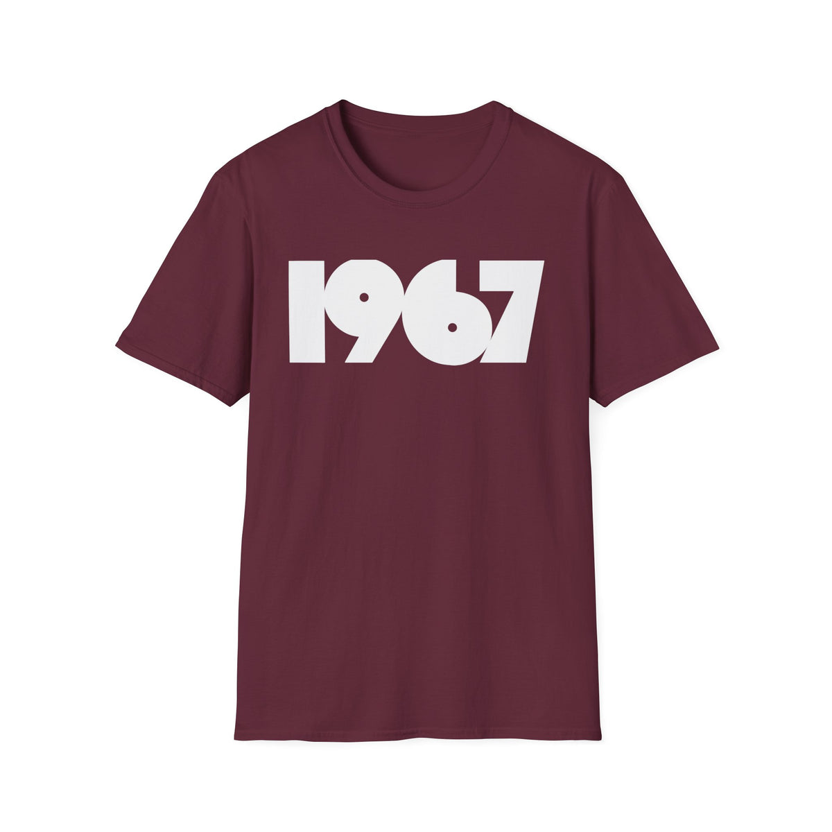 Maroon t-shirt with white "1967" graphic print.