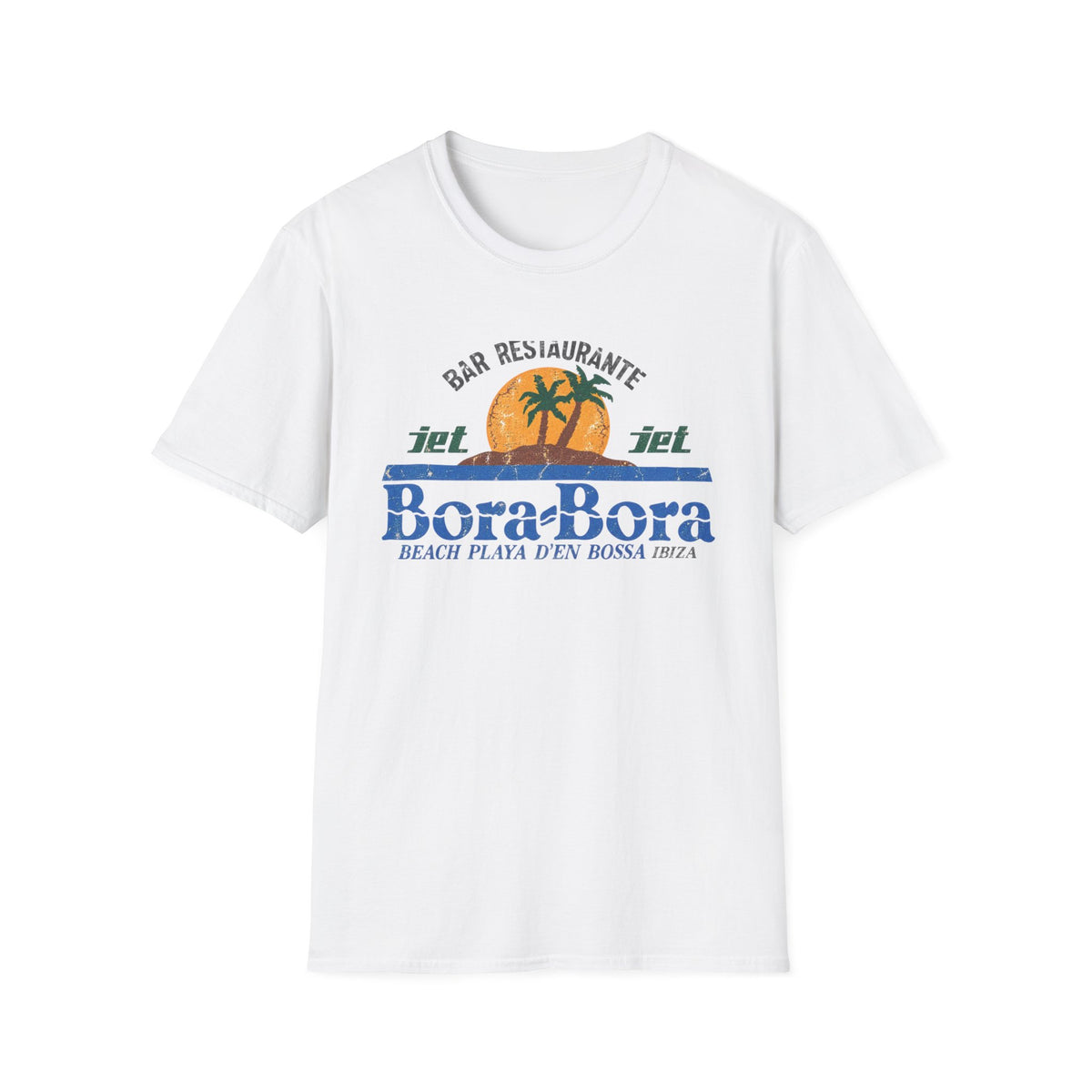 White t-shirt with Bora Bora beach graphic and text.