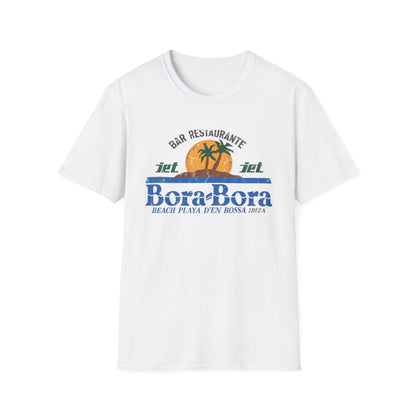 White t-shirt with Bora Bora beach graphic and text.