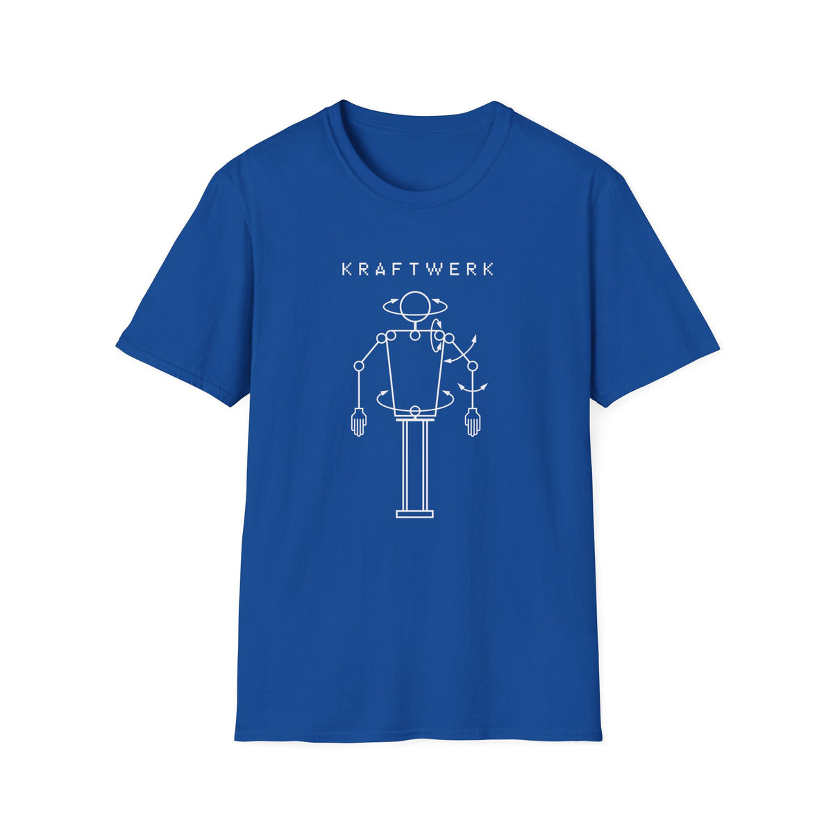 Blue t-shirt with white Kraftwerk robot design and text.