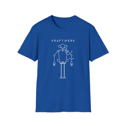 Blue t-shirt with white Kraftwerk robot design and text.