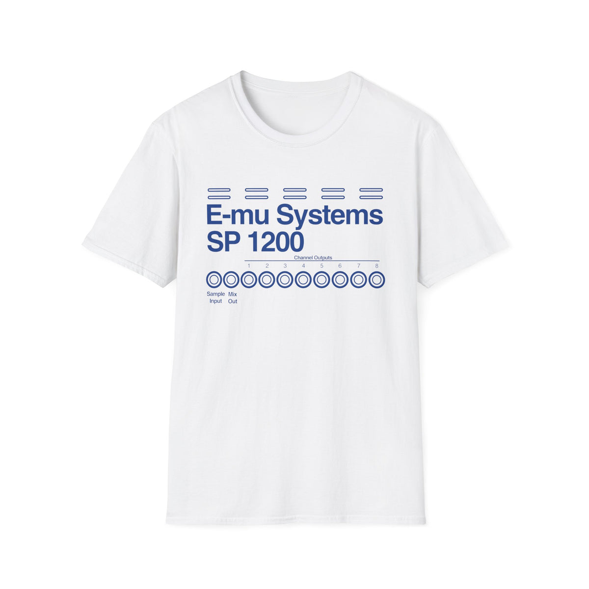 White t-shirt with blue "E-mu Systems SP 1200" text and circular channel outputs.