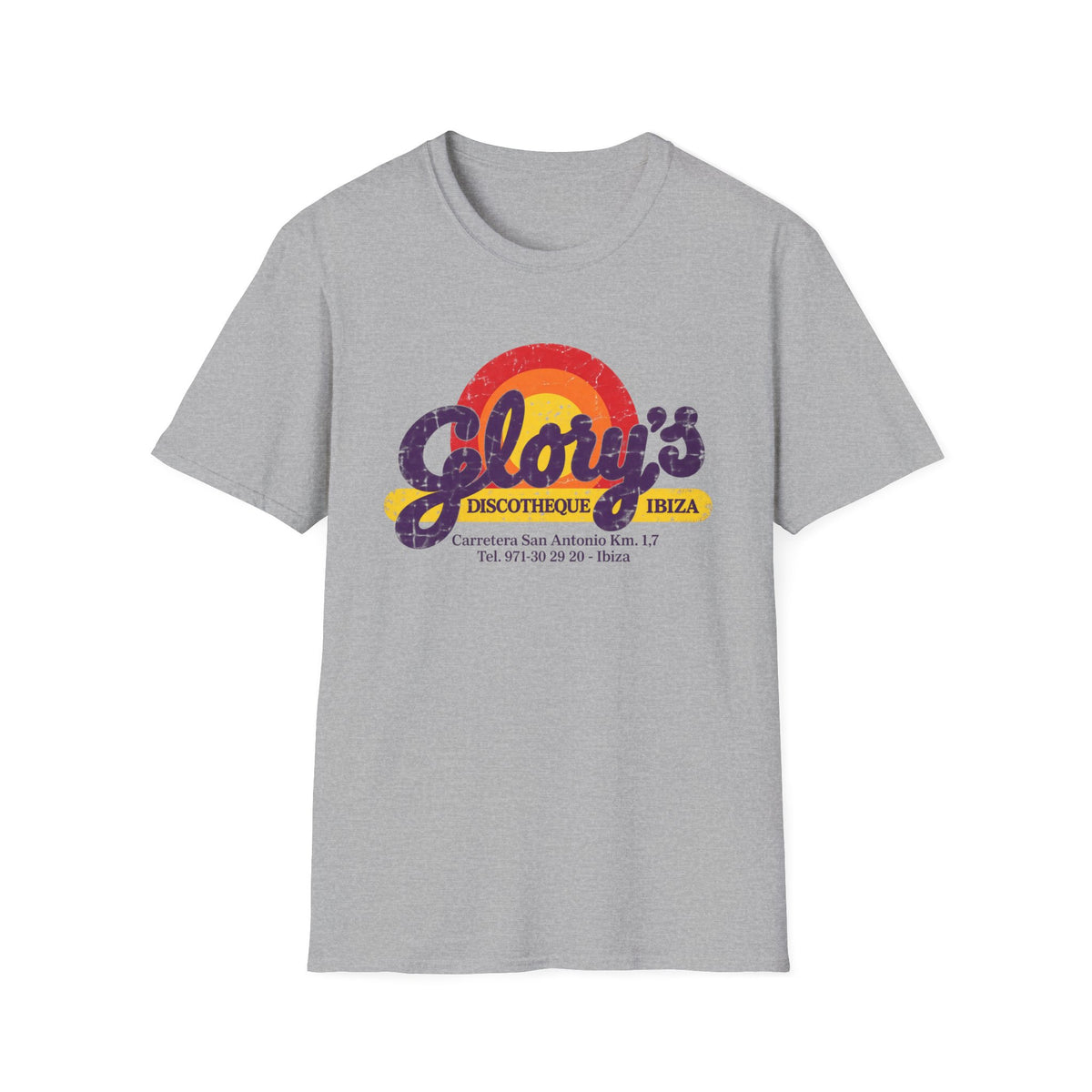 Grey t-shirt with "Glory's Discotheque Ibiza" logo and address.
