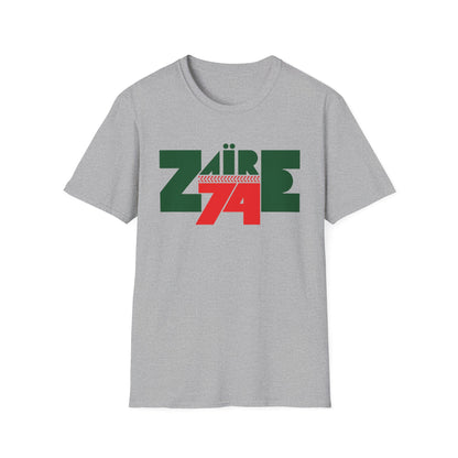 Grey t-shirt with green and red "Zaire 74" graphic design.