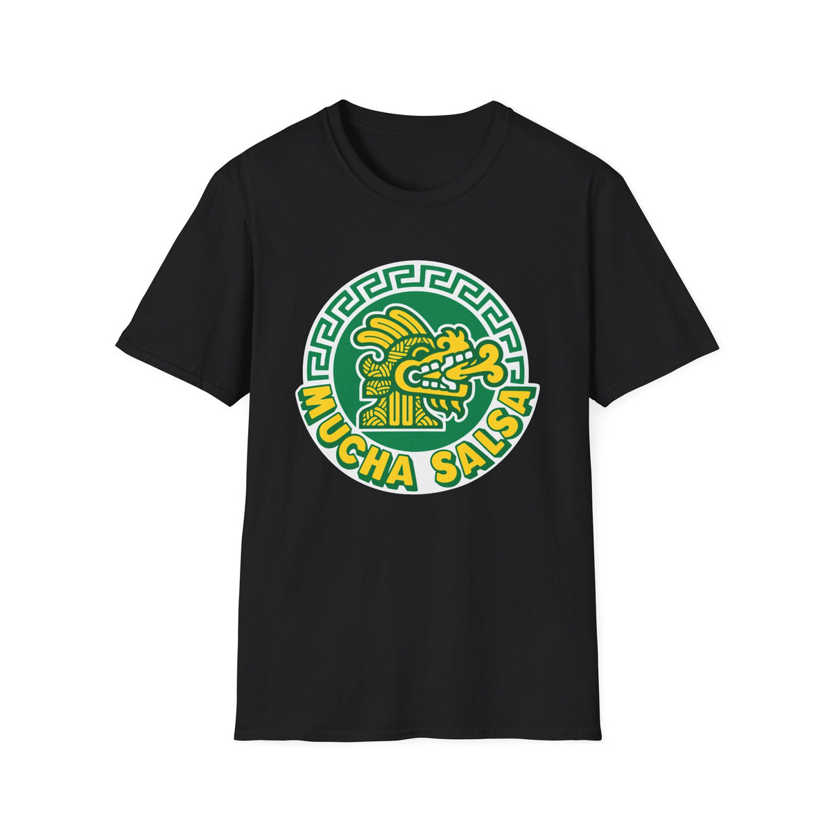 Black t-shirt with circular "Mucha Salsa" logo featuring a green dragon design.