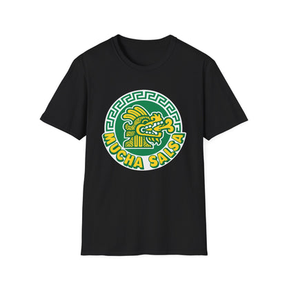 Black t-shirt with circular "Mucha Salsa" logo featuring a green dragon design.