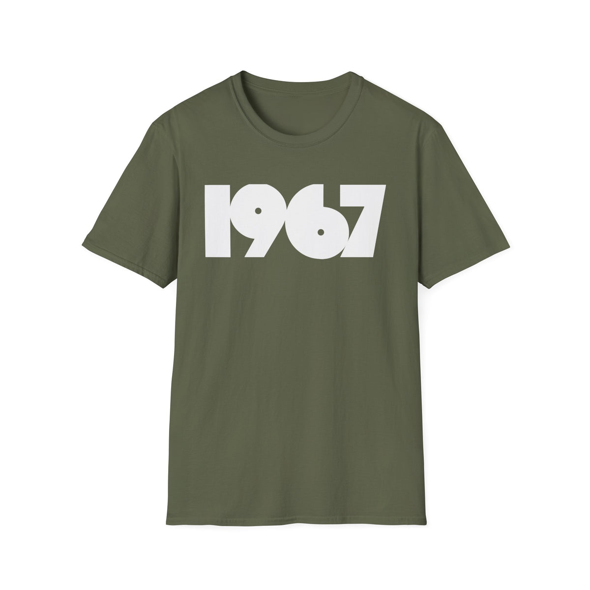 Olive green t-shirt with white text that reads "1967".