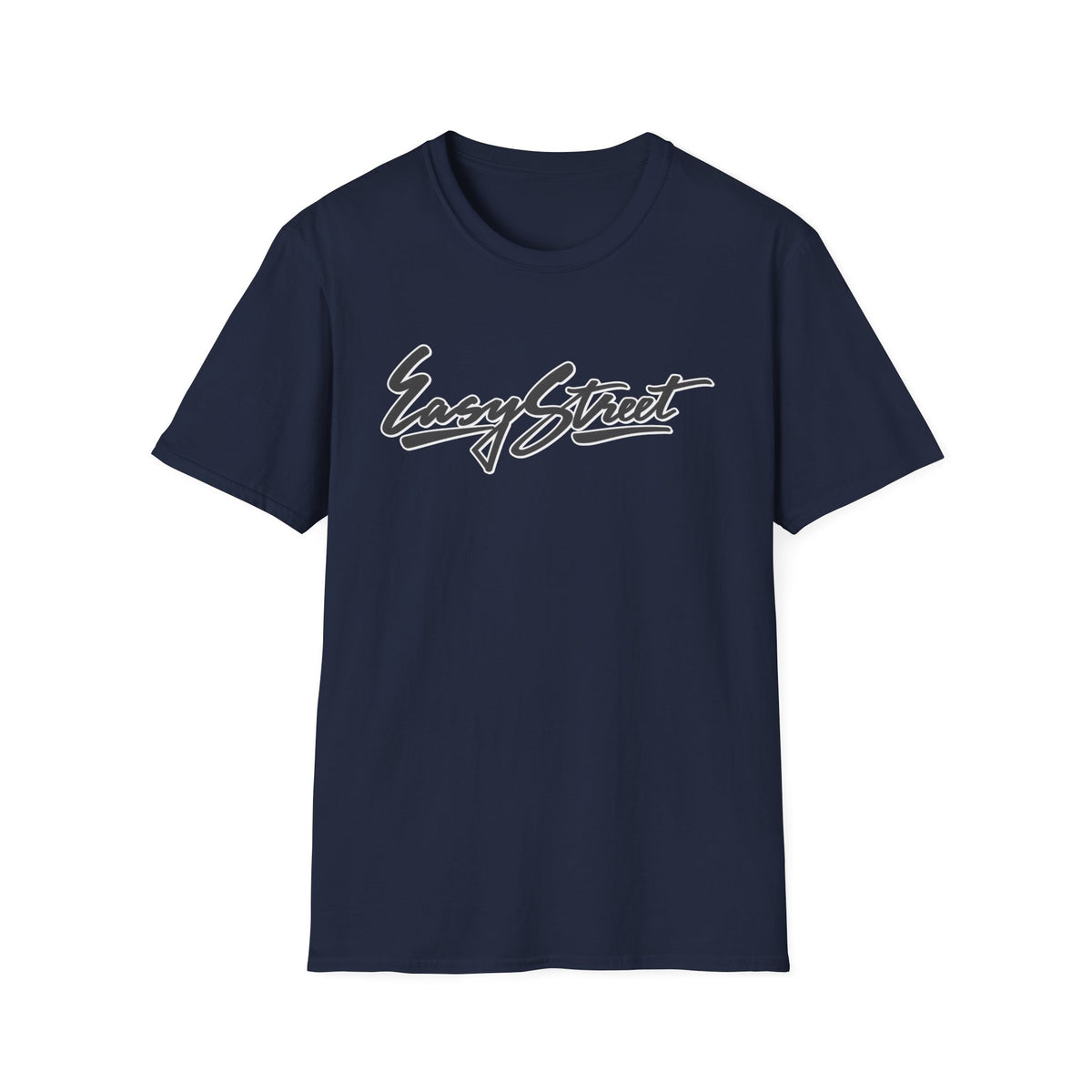 Navy t-shirt with white "Easy Street" cursive script text.