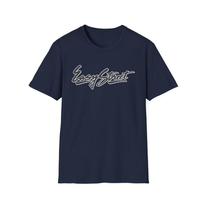 Navy t-shirt with white "Easy Street" cursive script text.