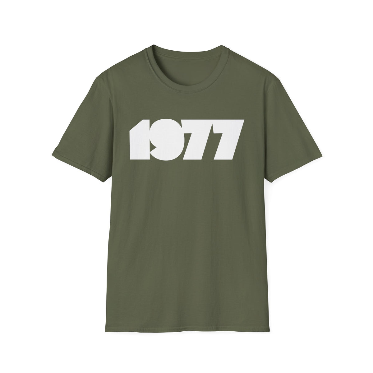 Olive green t-shirt with white "1977" graphic print.