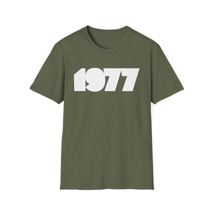 Olive green t-shirt with white "1977" graphic print.