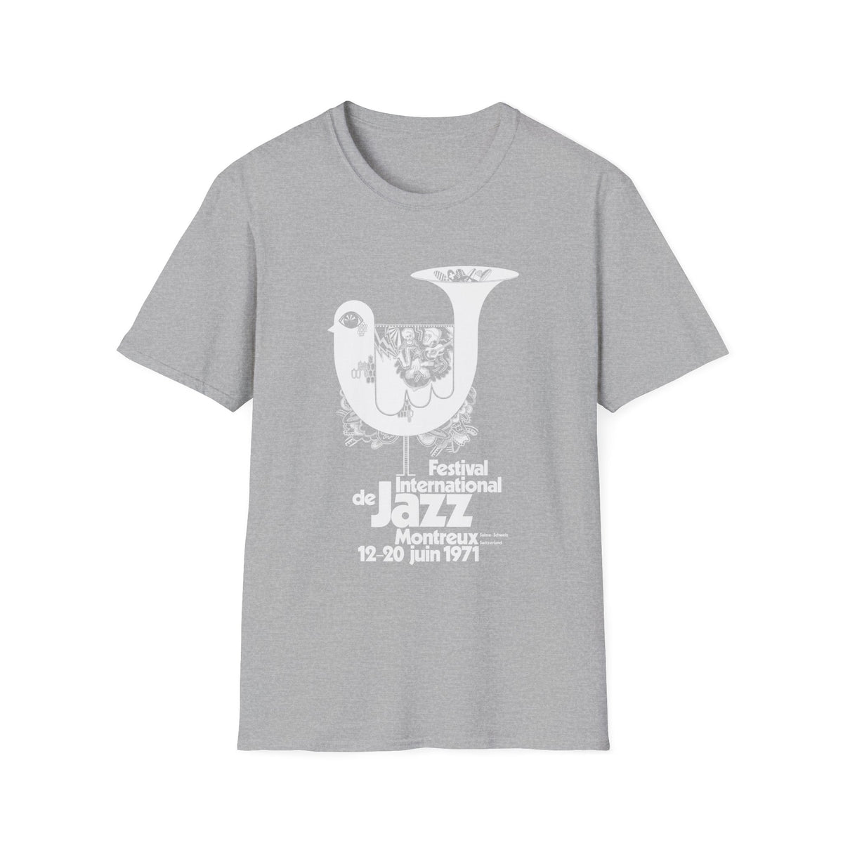 Gray t-shirt with white graphic: Festival International de Jazz Montreux 1971.