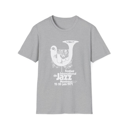 Gray t-shirt with white graphic: Festival International de Jazz Montreux 1971.