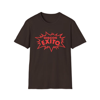 Brown t-shirt with red "Discos Exito" text in a burst design.