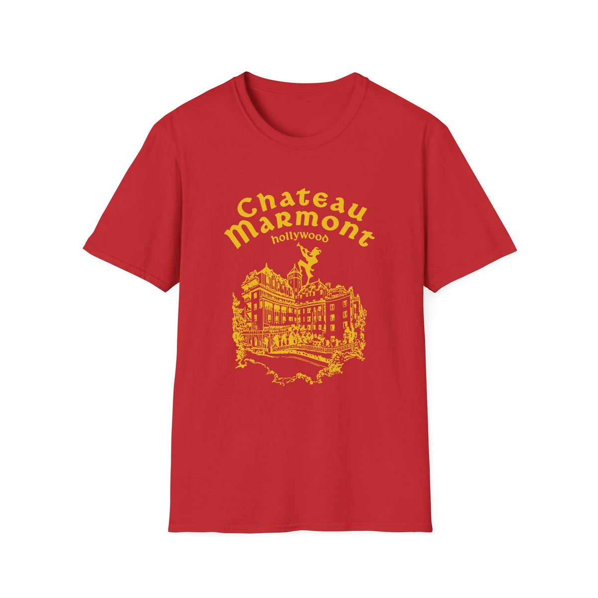 Red t-shirt with yellow Chateau Marmont Hollywood graphic and building illustration.