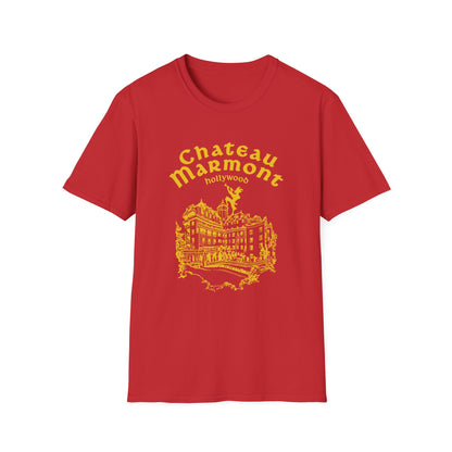 Red t-shirt with yellow Chateau Marmont Hollywood graphic and building illustration.