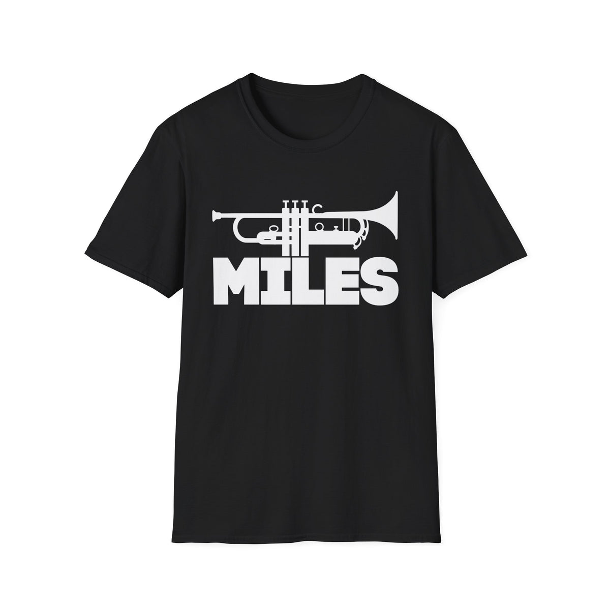 Black t-shirt with white graphic of a trumpet and the word "MILES".
