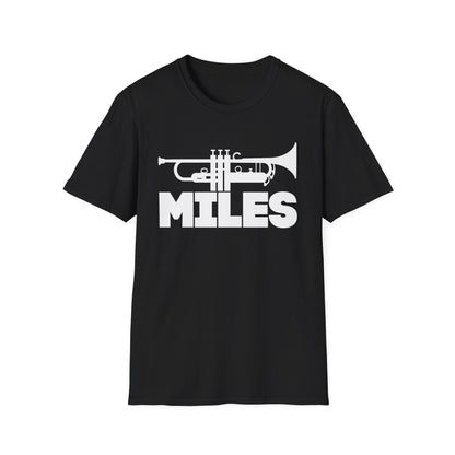 Black t-shirt with white graphic of a trumpet and the word "MILES".